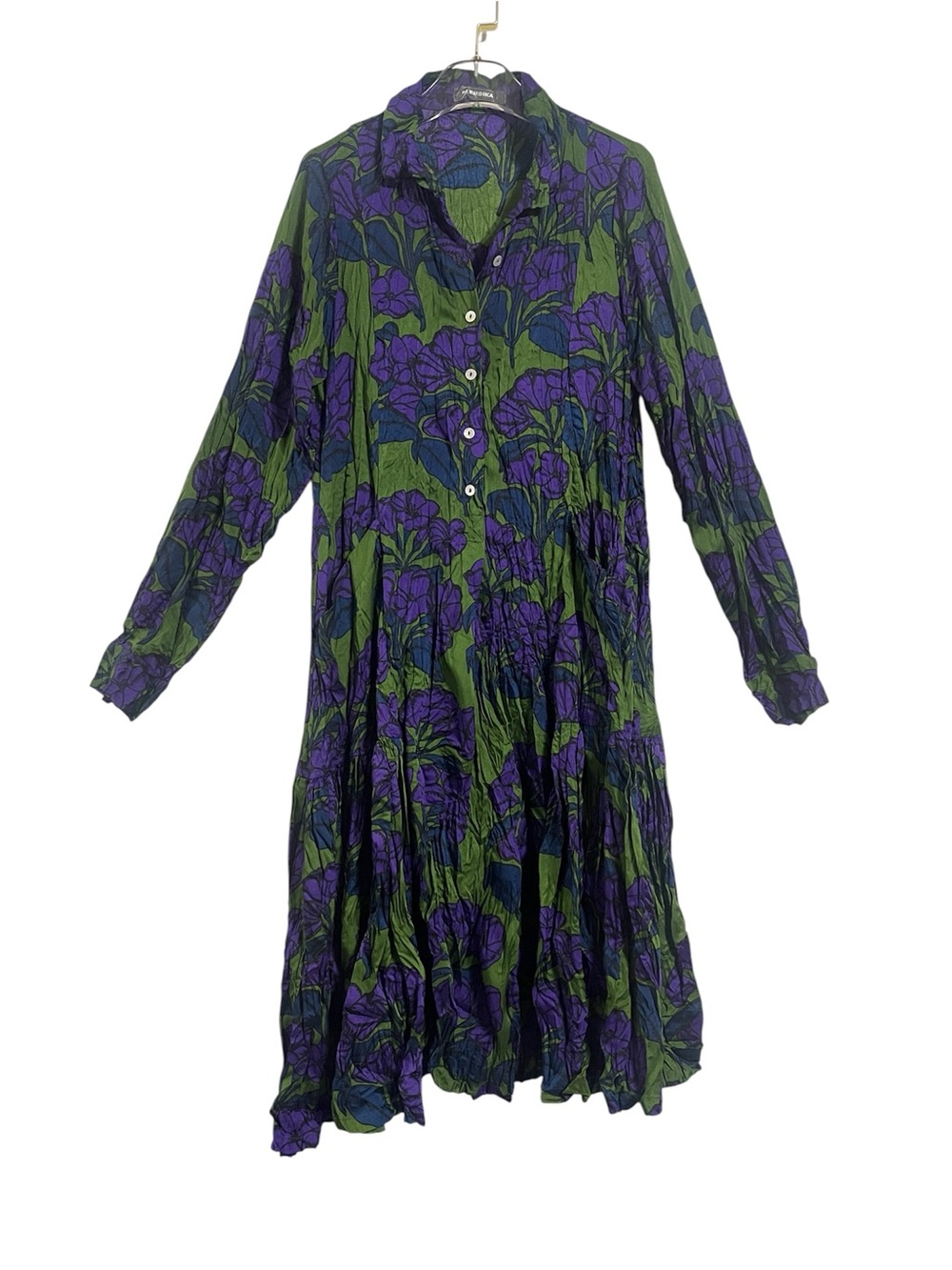 Alembika Crinkle Texture Lagenlook Green, Purple, Blue Floral Button Front Dress